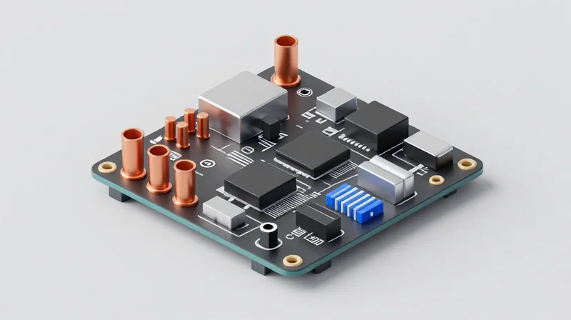 Isometric view of a power electronics PCB with integrated thermal vias and cooling structures.