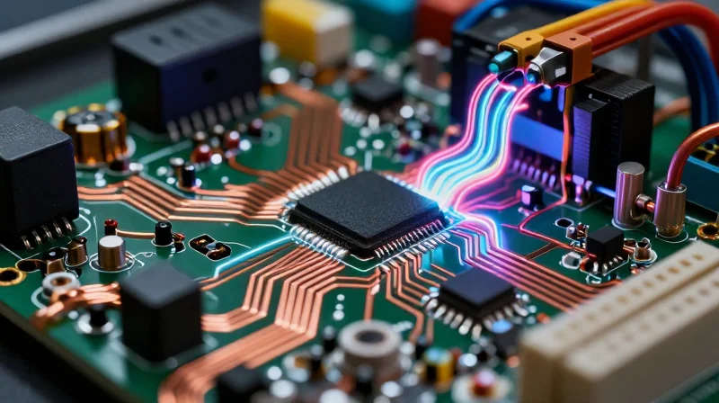 High-tech industrial circuit board for a variable frequency drive glowing with electrical energy