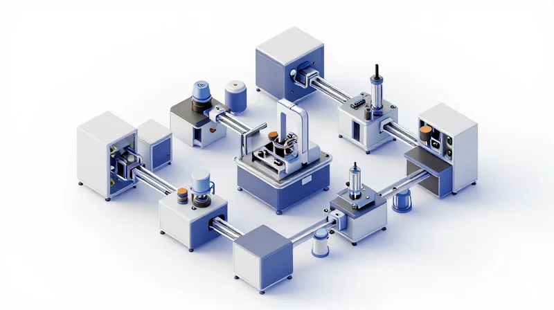 Isometric 3D model of a high-reliability industrial assembly line