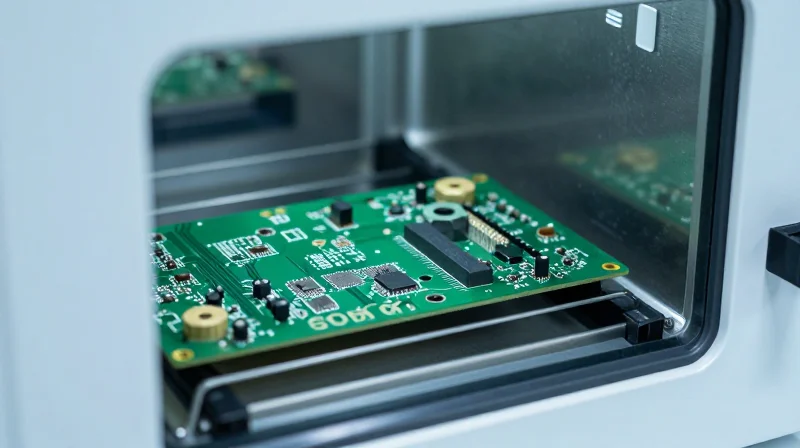 A circuit board inside an industrial stress-testing chamber