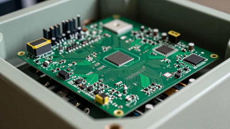 Close-up of a high-quality green printed circuit board inside a commercial HVAC controller unit with cinematic lighting.