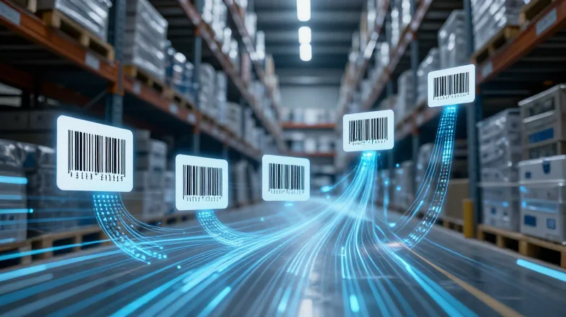 An abstract transition visualization from manual paper barcodes to glowing digital data streams in a logistics warehouse