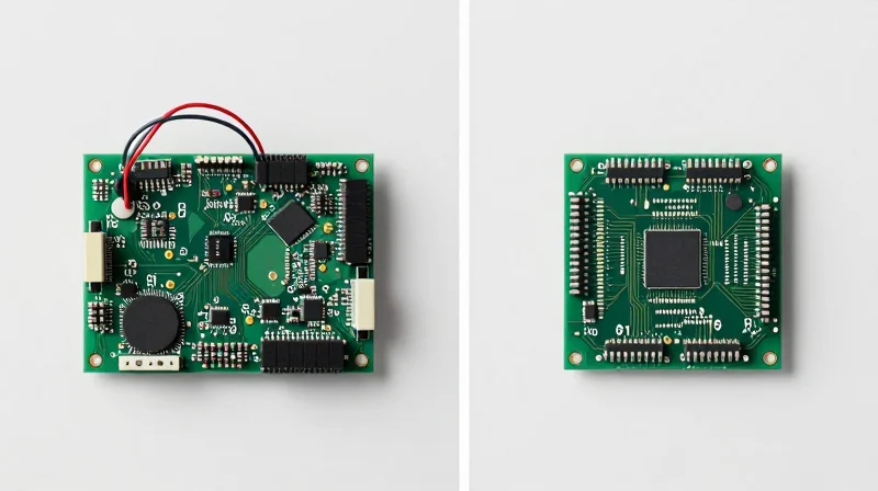 Split screen showing an old disorganized circuit board on one side and a sleek modern integrated circuit board on the other