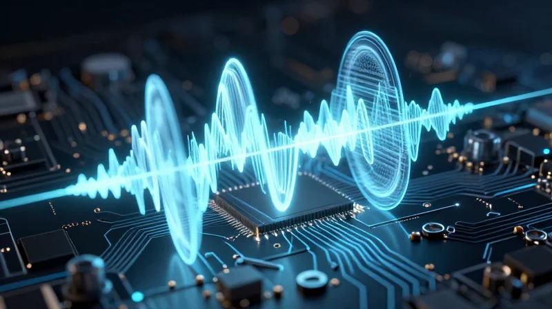 An abstract representation of electromagnetic interference being blocked by optimized circuit board shielding.