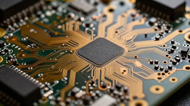 The Critical Role of DFM in High-Frequency Test Gear A close-up of a high-tech PCB board with glowing trace paths and intricate electronic components