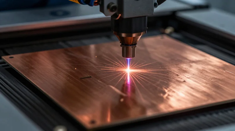 Advanced Fabrication Processes for Tight Tolerances A precision laser beam focusing on a copper surface during PCB manufacturing