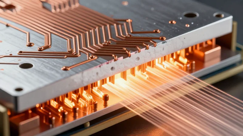 Understanding the Thermal Advantage of Aluminum PCBs Cross-section of an aluminum PCB showing layered components and heat dissipation flow
