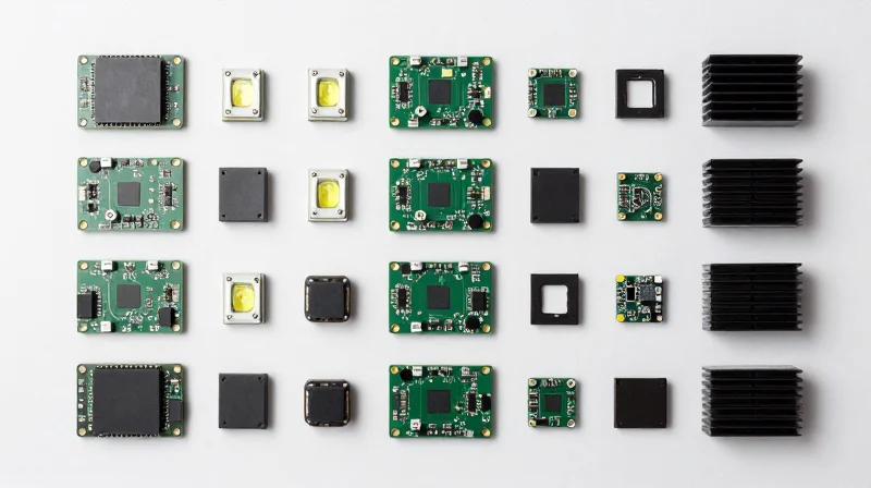 Component Placement and Thermal Spreading Techniques Flat lay of industrial LED components arranged on a metal-core board