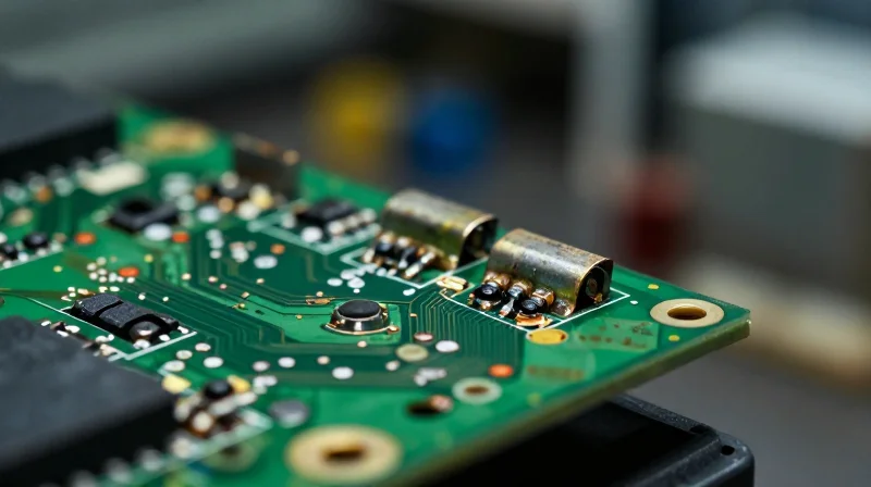 The Real Cost of Field Failures in Industrial Electronics A close-up of a damaged circuit board showing signs of oxidation and corrosion on components, symbolizing industrial hardware failure.