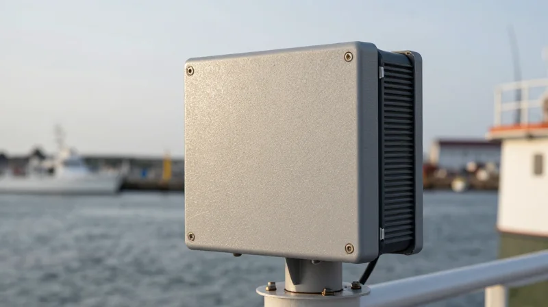 Case Study: Lessons from a Major Infrastructure Failure A high-tech maritime sensor array in a foggy coastal environment, showing a protective, transparent, glossy coating layer.