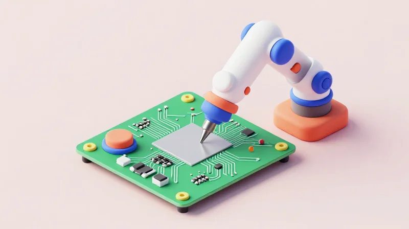 Strategic Application Methods for Maximum Effectiveness An automated robotic arm applying precision coating on a complex circuit board.