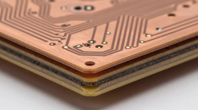 The Anatomy of a High-Performance RF PCB Cross-section view of a high-frequency RF printed circuit board showing layered materials and copper traces.