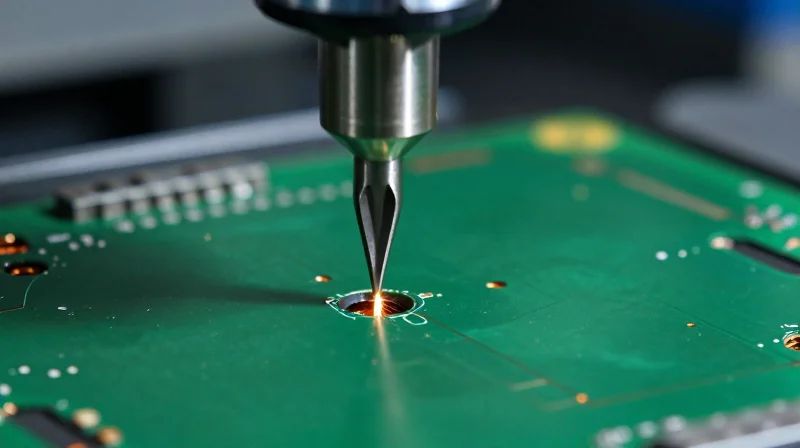 Manufacturing Tolerance and Precision Drills Close-up of a precision industrial drill creating microscopic vias on a green PCB board