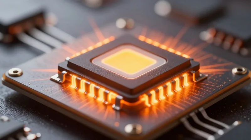 Thermal management concept showing heat dissipation from an LED chip on a ceramic substrate