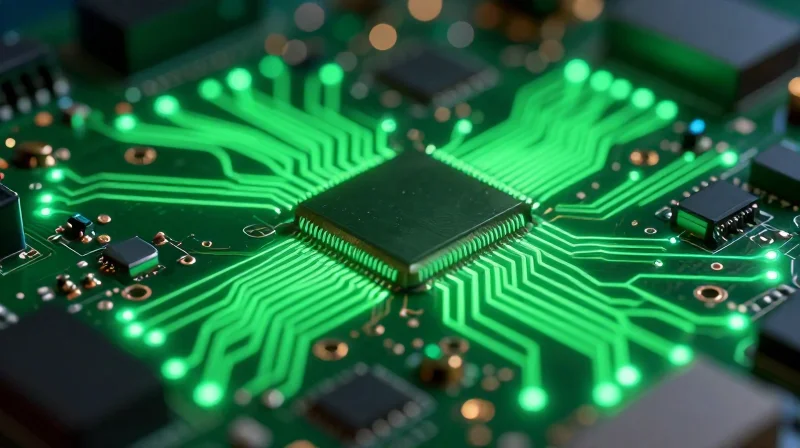 The Strategic Importance of Halogen-Free Manufacturing A glowing green circuit board representing sustainable electronics