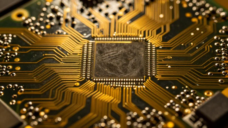 A close-up of a modern circuit board showing intricate copper traces and soldering patterns