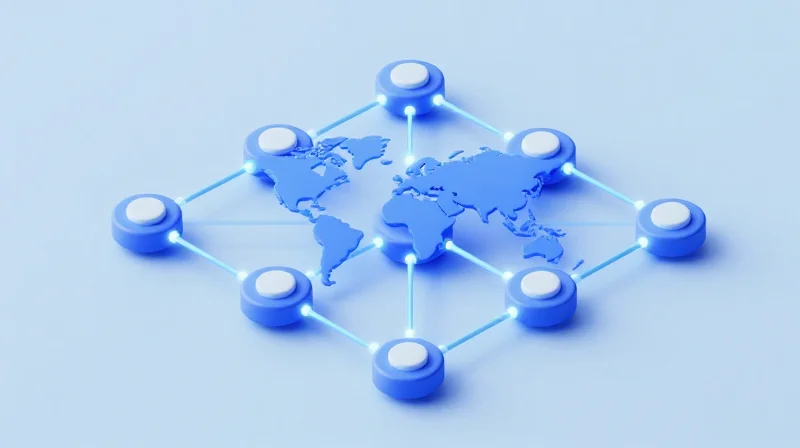 A 3D isometric representation of a global electronics supply chain network