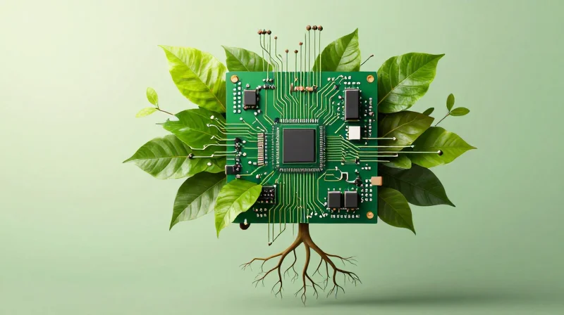 Conceptual image of a circuit board sprouting green nature elements