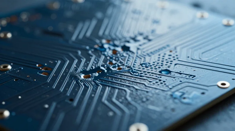 A close-up of a high-tech PCB substrate structure showing layered composition with molecular-like connectivity.