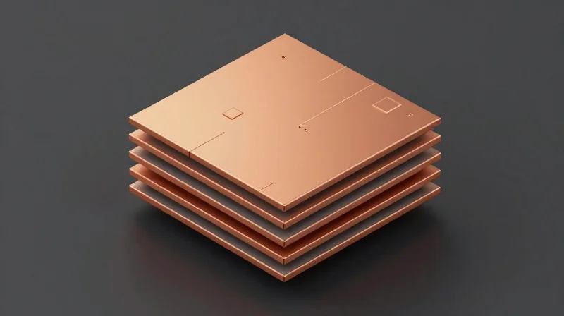 A 3D representation of a balanced copper stack-up in a PCB design.