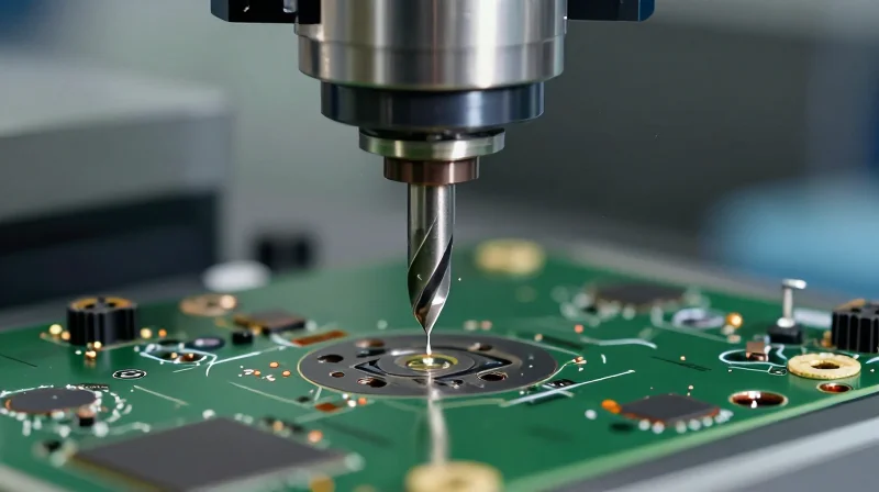 A high-precision drill bit interacting with a multi-layer substrate surface.