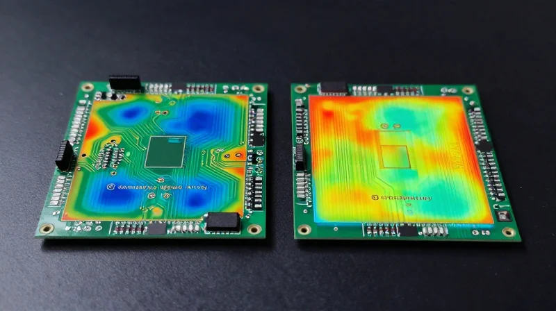 Side-by-side visual comparison of two different circuit board materials showing thermal heat dissipation.