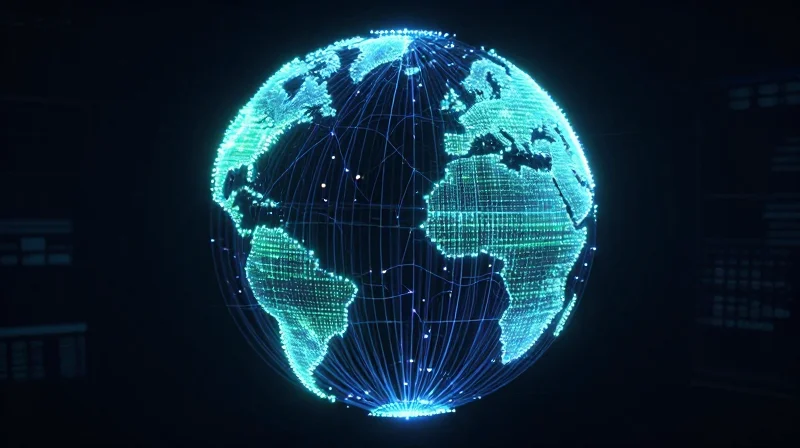 Abstract data visualization showing a global network of regulatory nodes.