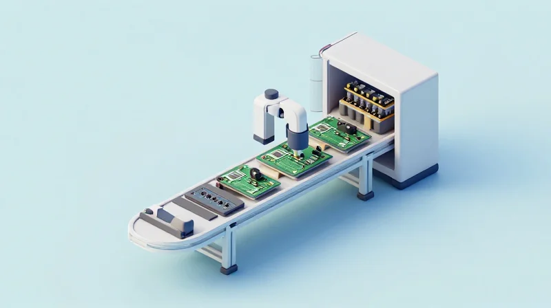 Isometric 3D representation of an advanced PCB manufacturing workflow.