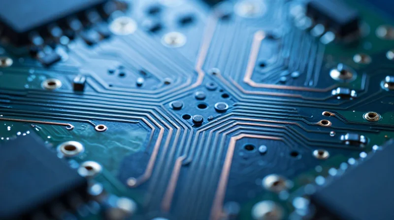 Precision Etching and Trace Width Tolerances Detailed microscopic view of high-precision copper trace geometries on a circuit board