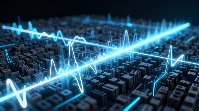 Abstract visualization of electromagnetic signal waves traveling through a high-frequency circuit substrate with glowing energy dissipation patterns.