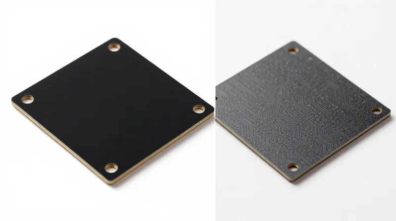 Side-by-side comparison of two material structures representing advanced high-frequency laminate vs standard substrate.