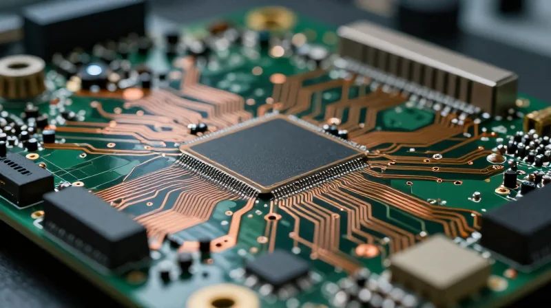 A close-up of a high-layer count PCB showing intricate multi-layer circuit patterns under clean room lighting.