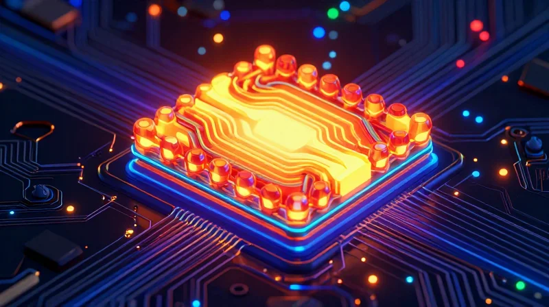 Conceptual 3D visualization showing heat distribution patterns across a complex circuit board with heat sink components.