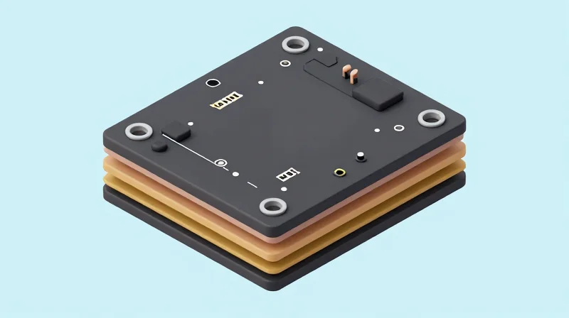 Isometric 3D render showing cross-section layers of a PCB with microvia structures connecting different layers.