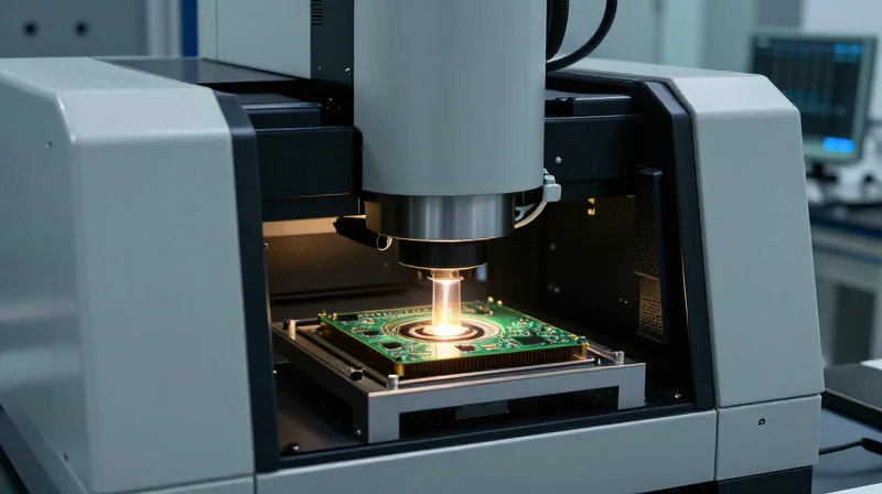 A high-tech industrial X-ray imaging setup inspecting the internal layers of a PCB.