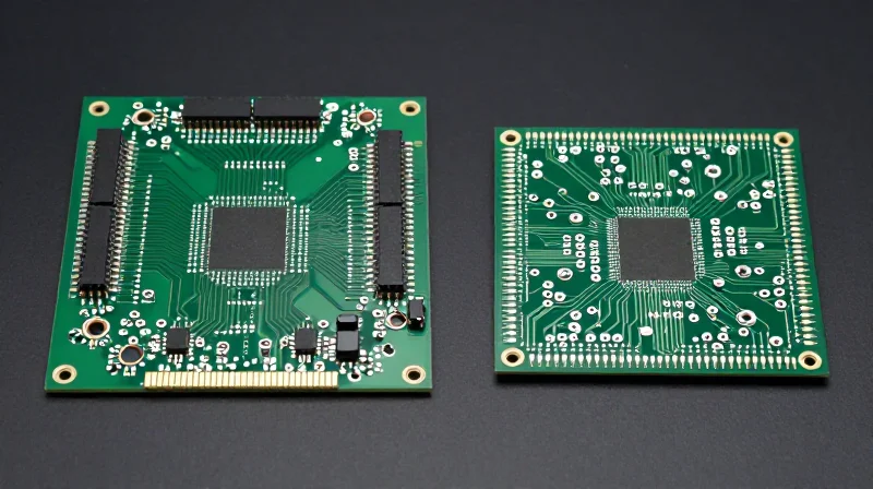 Side by side comparison of a traditional large circuit board and a compact modern high-density circuit board