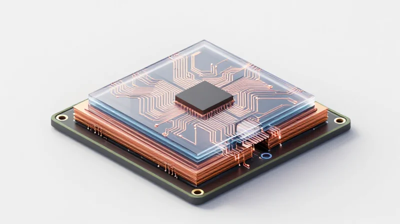 A 3D isometric representation of a multi-layer PCB showing thin stacked layers of silicon and copper