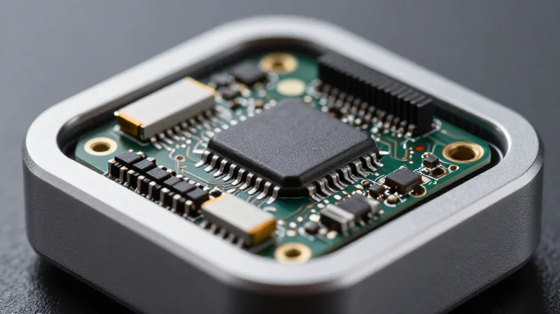 A close-up shot of a compact, intricate circuit board inside a modern wearable diagnostic device
