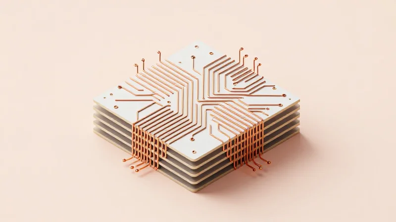 Isometric view of a complex multilayer PCB board highlighting the symmetry of its layers