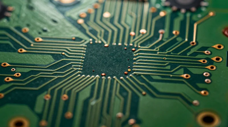 Microscopic view of PCB trace geometries with precise spacing