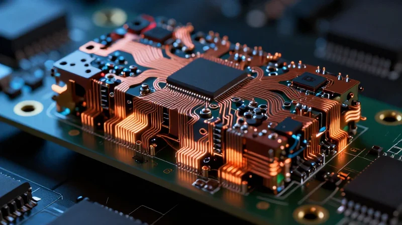 A close-up, high-tech view of a complex multi-layer PCB cross-section showing dense circuit layers and interconnects.