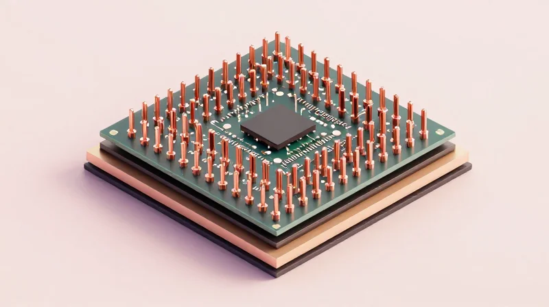 Isometric 3D render of a printed circuit board with advanced laser-drilled via structures.