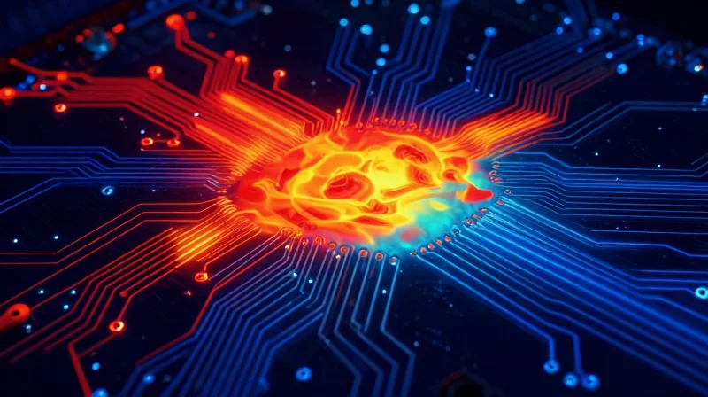Visual representation of thermal dissipation in a dense electronics board, highlighting heat zones.