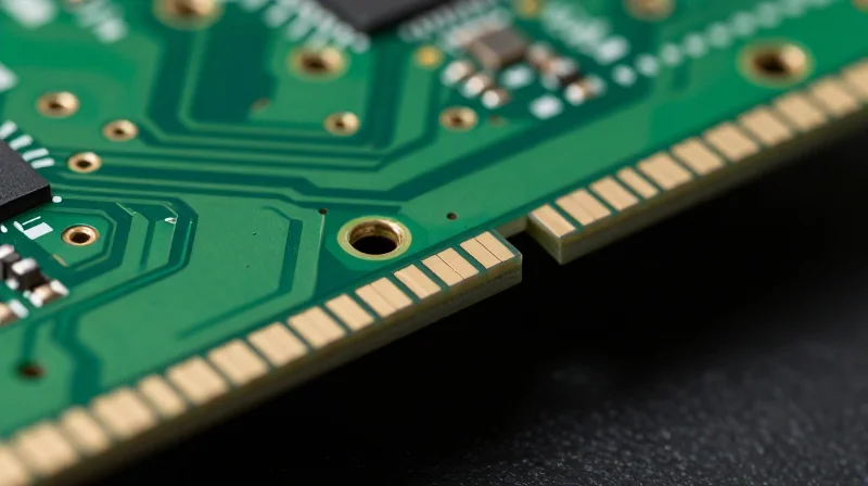 A close-up view of a high-tech printed circuit board with visible semi-plated castellated holes on the edge.