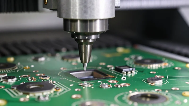 Mechanical detail of a milling machine cutting the edge of a circuit board to create castellations.