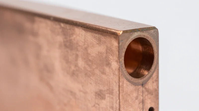 A cross-section view of a circuit board showing uniform metallic plating on the castellated edge.