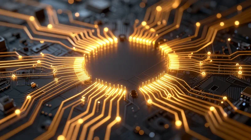 Conceptual visualization of high-frequency data signals moving through a circuit board interface.