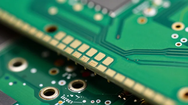 A close-up view of a printed circuit board edge showing semi-circular plated holes for modular integration.