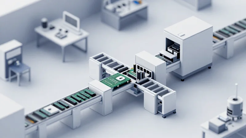 Modern automated manufacturing floor showing modular electronics components being assembled.