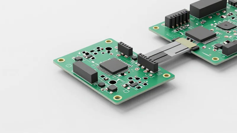 A clean 3D illustration of a modular PCB component fitting perfectly onto a larger carrier board.